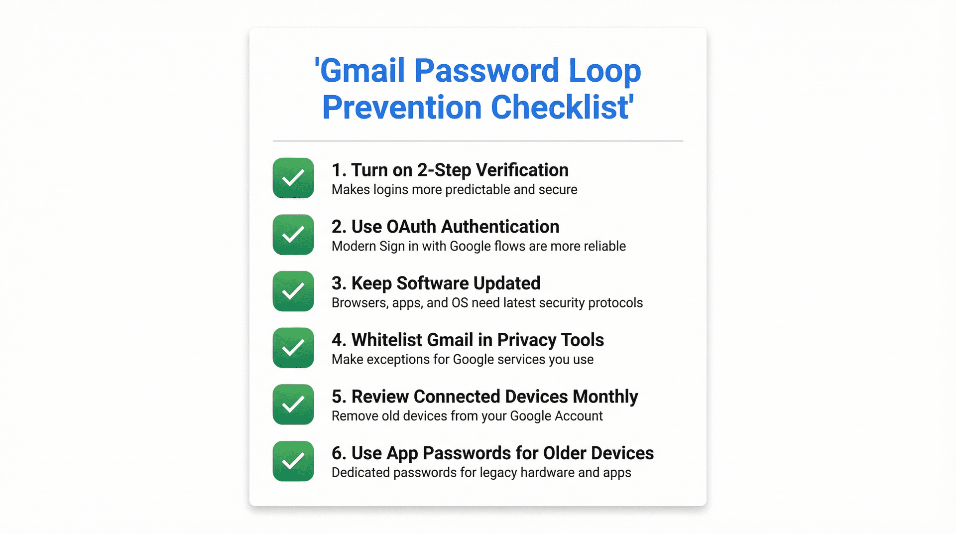 Gmail password loop prevention checklist showing 6 security best practices with checkboxes